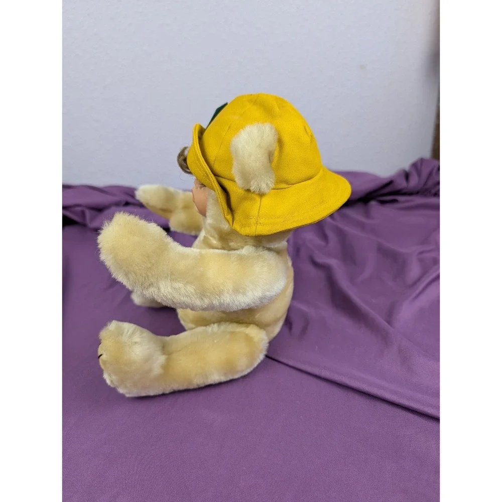 VTG 90s Plush Porcelain Human Faced Teddy Bear Hair Eyelashes Brass Button Hat